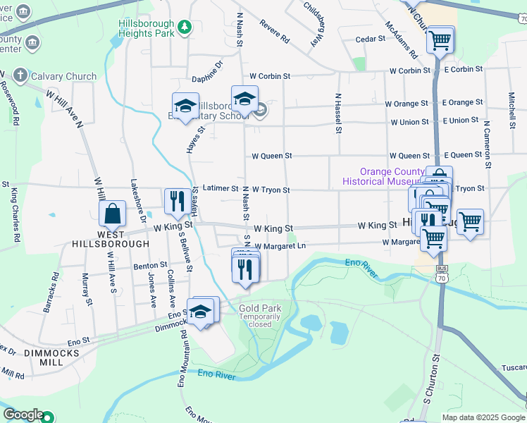 map of restaurants, bars, coffee shops, grocery stores, and more near 111 North Hillsborough Avenue in Hillsborough