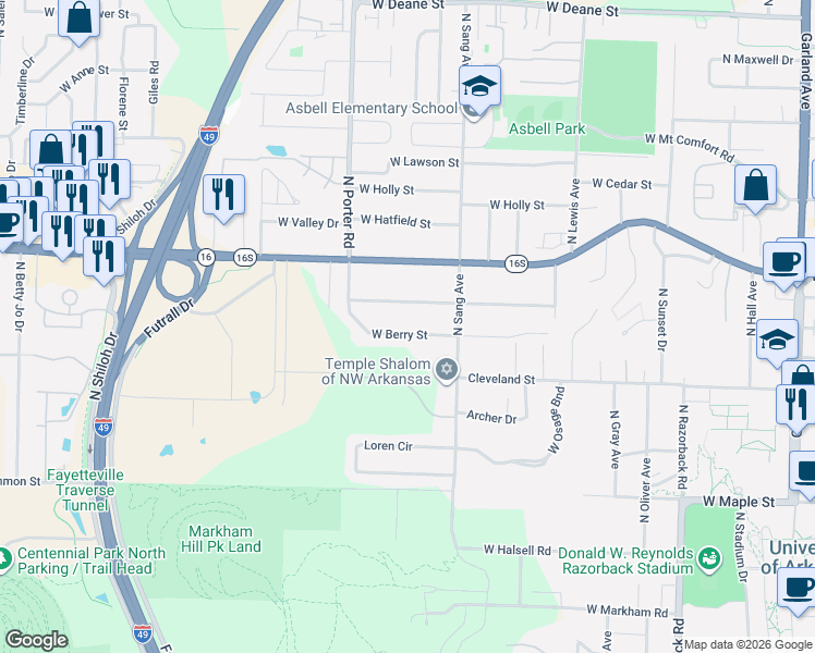 map of restaurants, bars, coffee shops, grocery stores, and more near 2243 West Ora Drive in Fayetteville