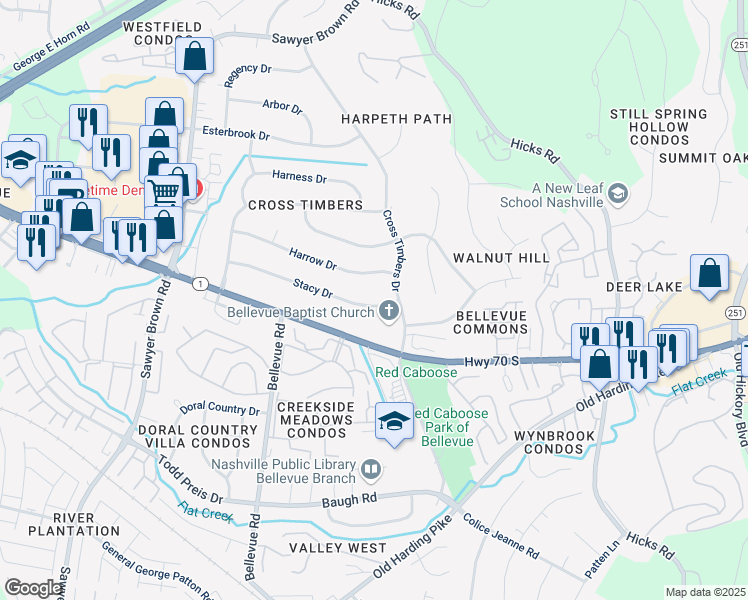 map of restaurants, bars, coffee shops, grocery stores, and more near 7408 Stacy Drive in Nashville