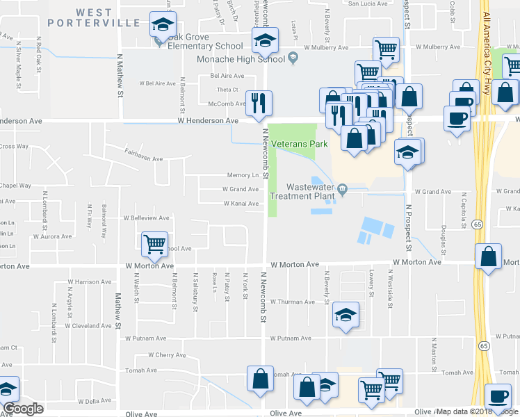 map of restaurants, bars, coffee shops, grocery stores, and more near 1611 West Kanai Avenue in Porterville