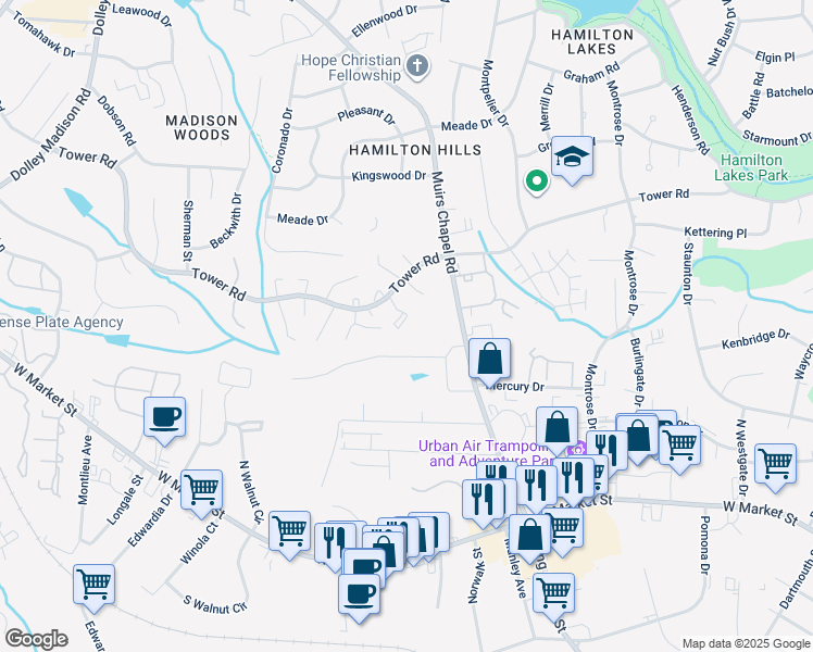 map of restaurants, bars, coffee shops, grocery stores, and more near 4827 Tower Road in Greensboro
