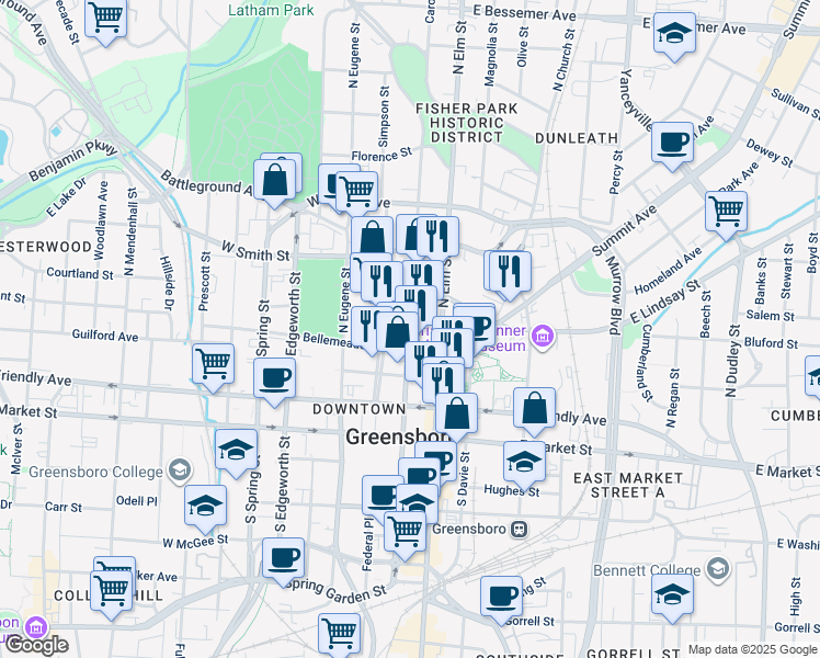 map of restaurants, bars, coffee shops, grocery stores, and more near 318 North Greene Street in Greensboro