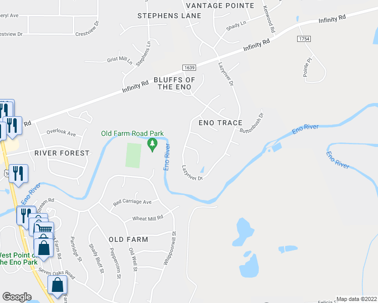 map of restaurants, bars, coffee shops, grocery stores, and more near 4 Current Lane in Durham