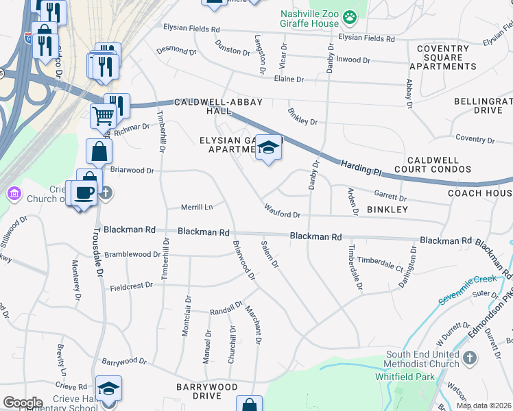 map of restaurants, bars, coffee shops, grocery stores, and more near 401 Wauford Drive in Nashville