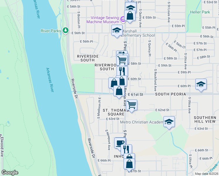 map of restaurants, bars, coffee shops, grocery stores, and more near 6028 South Newport Avenue in Tulsa