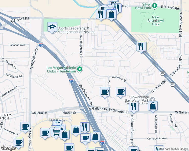 map of restaurants, bars, coffee shops, grocery stores, and more near 1175 Heliodor Avenue in Henderson