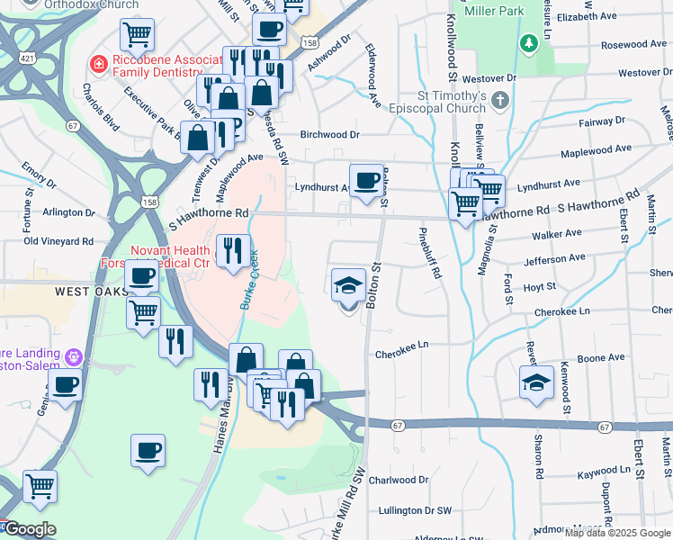 map of restaurants, bars, coffee shops, grocery stores, and more near 2839 Westridge Road in Winston-Salem