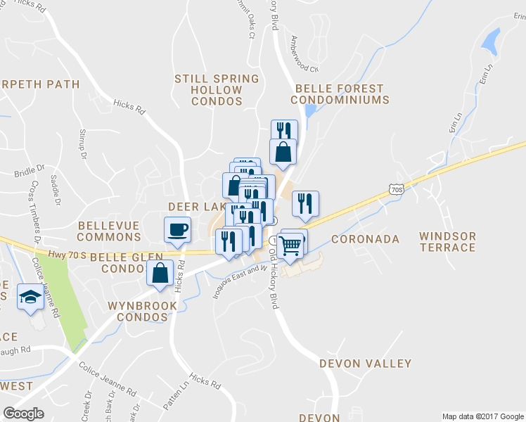map of restaurants, bars, coffee shops, grocery stores, and more near 7108 Highway 70S in Nashville