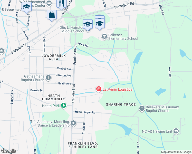 map of restaurants, bars, coffee shops, grocery stores, and more near 3935 Eastland Avenue in Greensboro