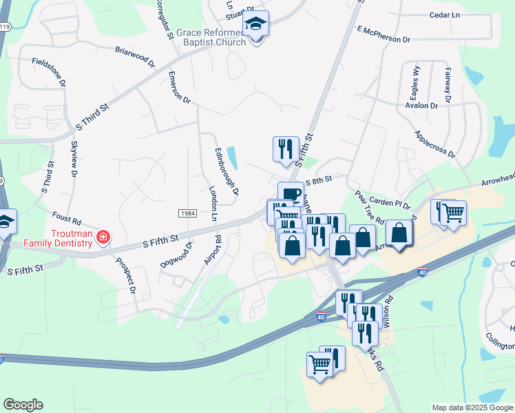 map of restaurants, bars, coffee shops, grocery stores, and more near 924 South Fifth Street in Mebane