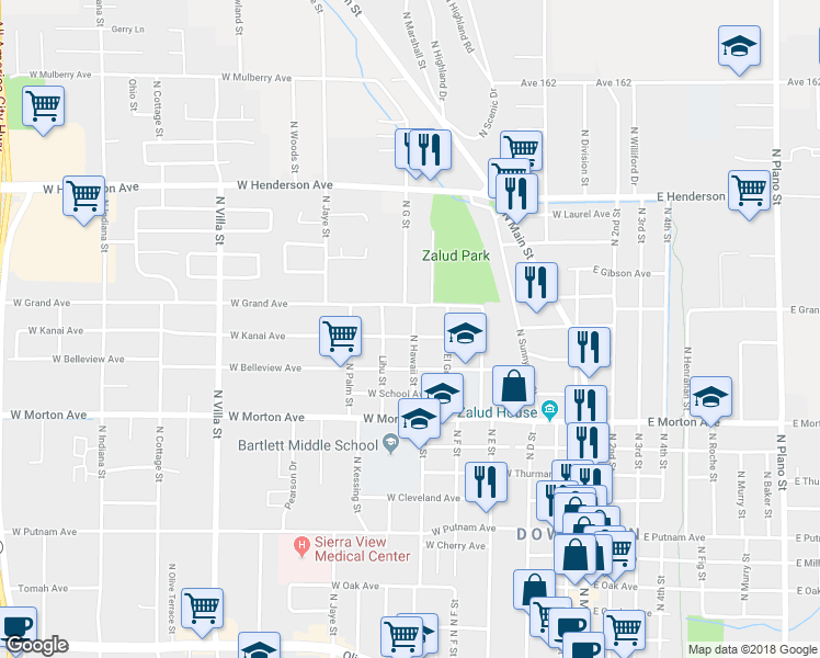 map of restaurants, bars, coffee shops, grocery stores, and more near 284 West Kanai Avenue in Porterville