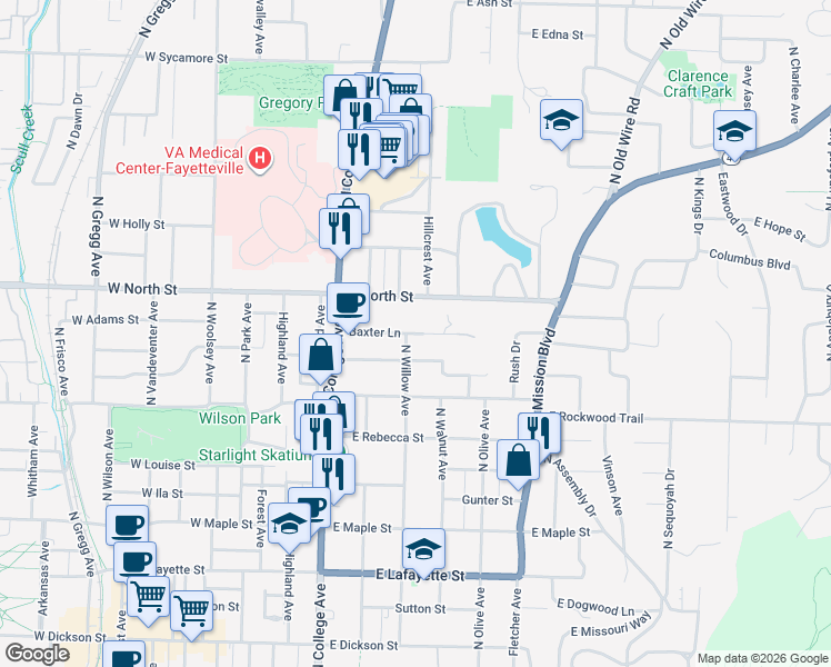 map of restaurants, bars, coffee shops, grocery stores, and more near 310 Baxter Lane in Fayetteville