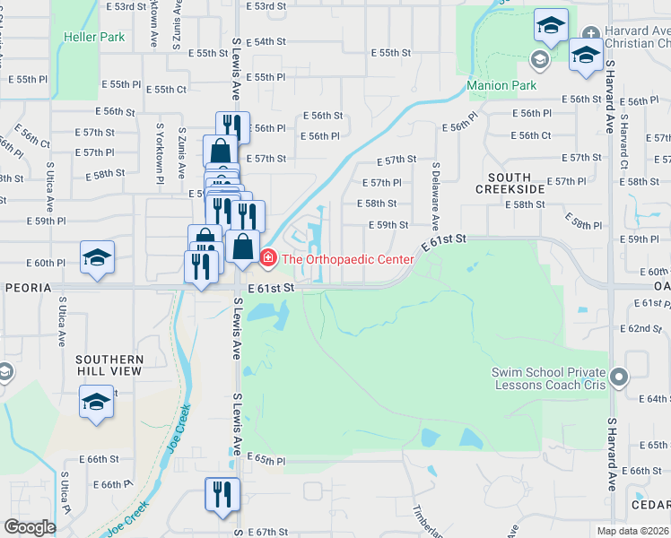 map of restaurants, bars, coffee shops, grocery stores, and more near 5920 South Atlanta Place in Tulsa