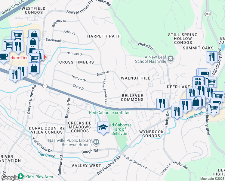 map of restaurants, bars, coffee shops, grocery stores, and more near 512 Saddle Drive in Nashville