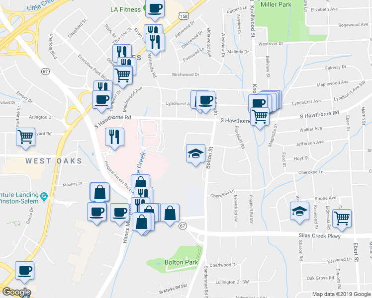 map of restaurants, bars, coffee shops, grocery stores, and more near 2840 Westridge Road in Winston-Salem