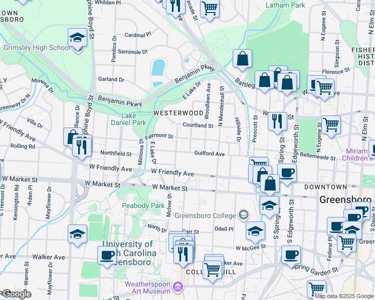 map of restaurants, bars, coffee shops, grocery stores, and more near 201 Crestland Avenue in Greensboro