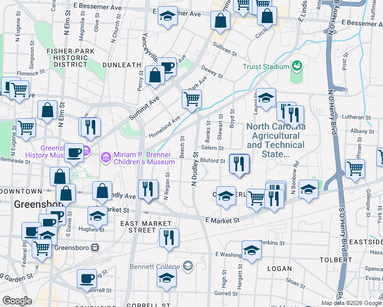 map of restaurants, bars, coffee shops, grocery stores, and more near 415 North Dudley Street in Greensboro