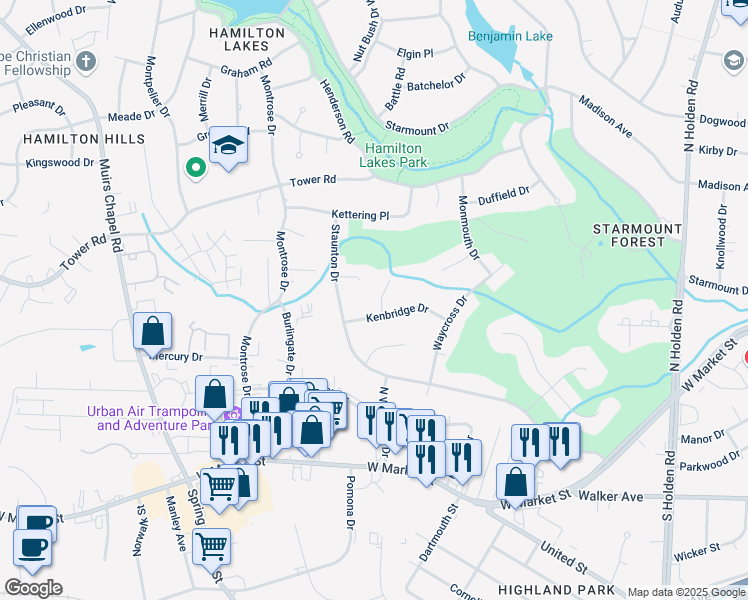 map of restaurants, bars, coffee shops, grocery stores, and more near 3 Kenbridge Court in Greensboro