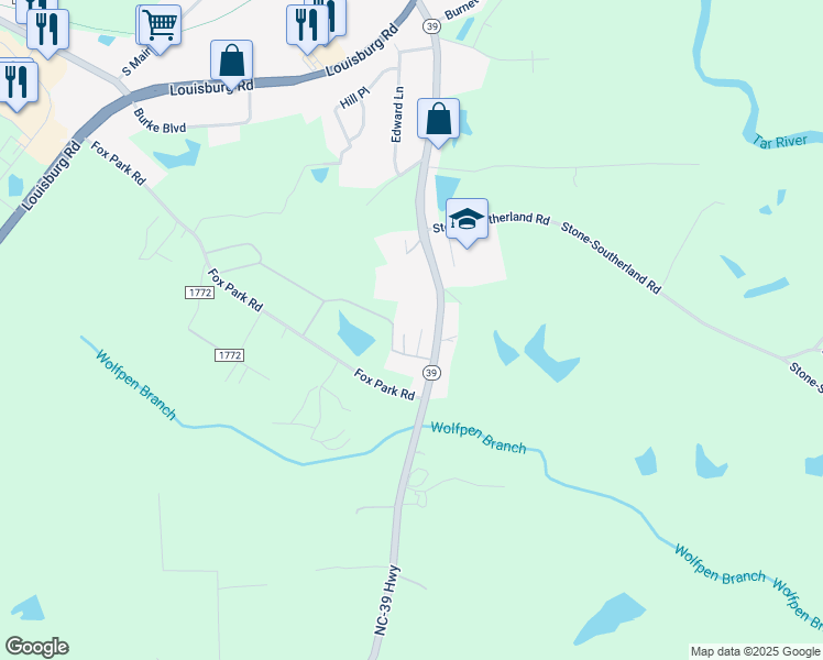 map of restaurants, bars, coffee shops, grocery stores, and more near 806 North Carolina 39 in Louisburg