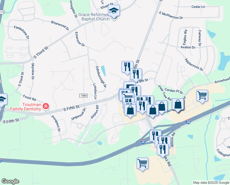 map of restaurants, bars, coffee shops, grocery stores, and more near 924 South Fifth Street in Mebane
