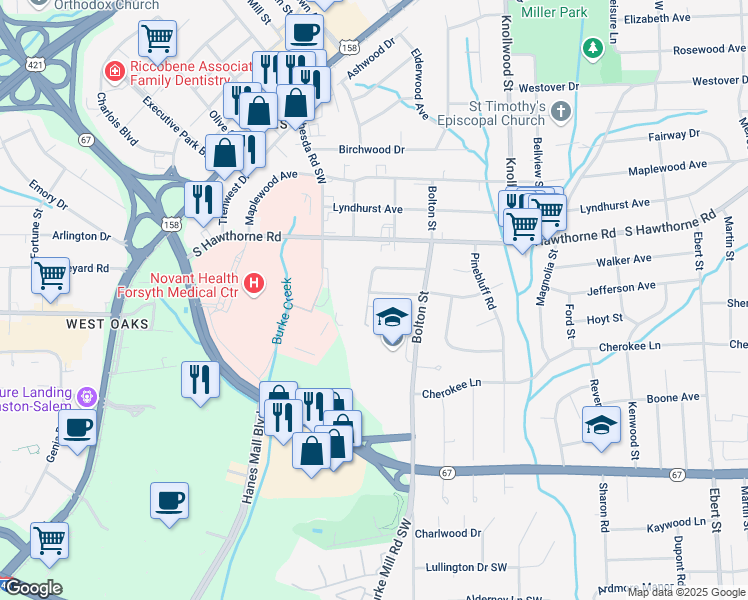 map of restaurants, bars, coffee shops, grocery stores, and more near 2840 Westridge Road in Winston-Salem
