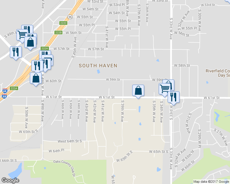 map of restaurants, bars, coffee shops, grocery stores, and more near 3926 West 59th Street in Tulsa