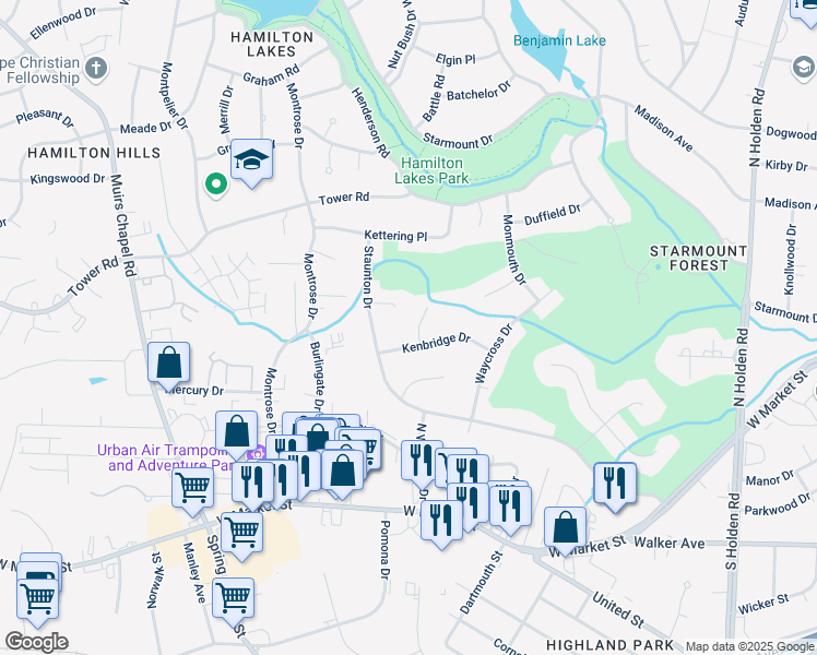 map of restaurants, bars, coffee shops, grocery stores, and more near 3 Kenbridge Court in Greensboro