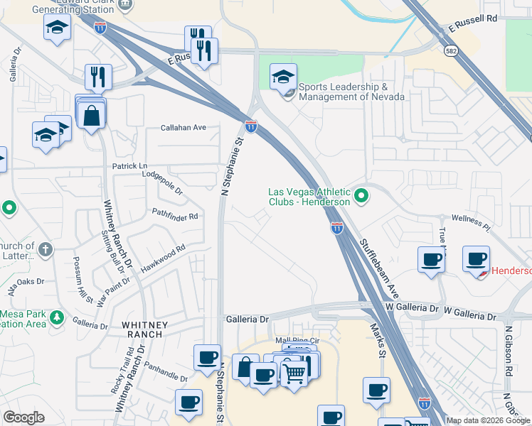 map of restaurants, bars, coffee shops, grocery stores, and more near Harlston Place in Henderson
