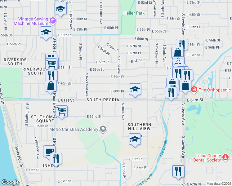 map of restaurants, bars, coffee shops, grocery stores, and more near 1596 East 60th Place in Tulsa