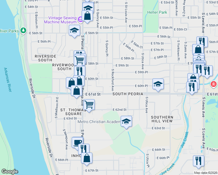 map of restaurants, bars, coffee shops, grocery stores, and more near 6030 South Rockford Avenue in Tulsa