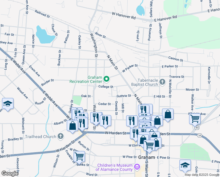 map of restaurants, bars, coffee shops, grocery stores, and more near 308 College Street in Graham