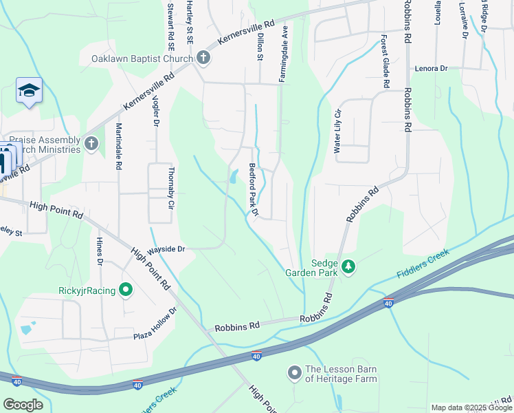 map of restaurants, bars, coffee shops, grocery stores, and more near 432 Farmingdale Avenue in Winston-Salem