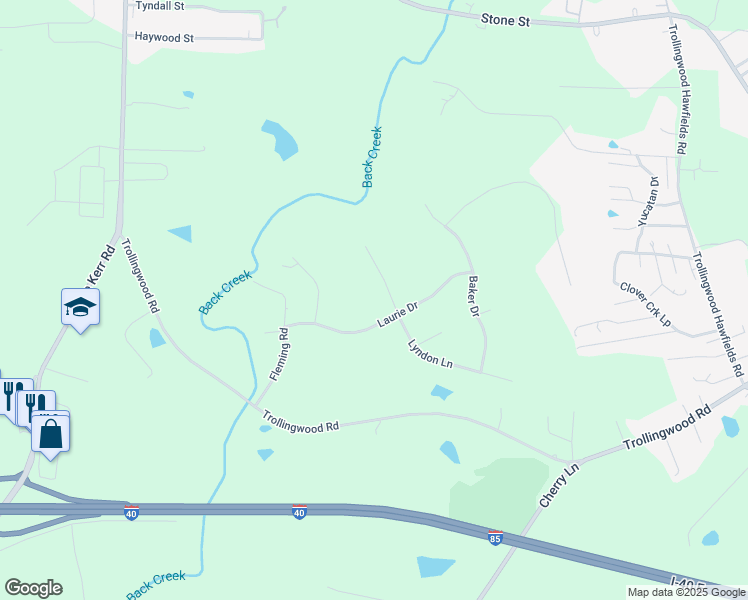 map of restaurants, bars, coffee shops, grocery stores, and more near 747 Lyndon Lane in Haw River