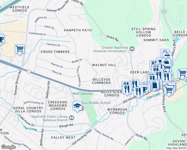 map of restaurants, bars, coffee shops, grocery stores, and more near 7324 Cavalier Road in Nashville