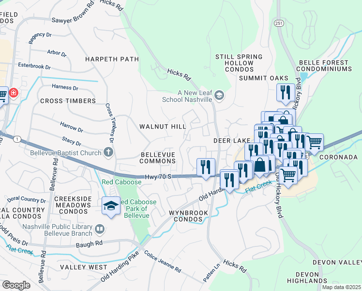 map of restaurants, bars, coffee shops, grocery stores, and more near 1925 Club Parkway in Nashville