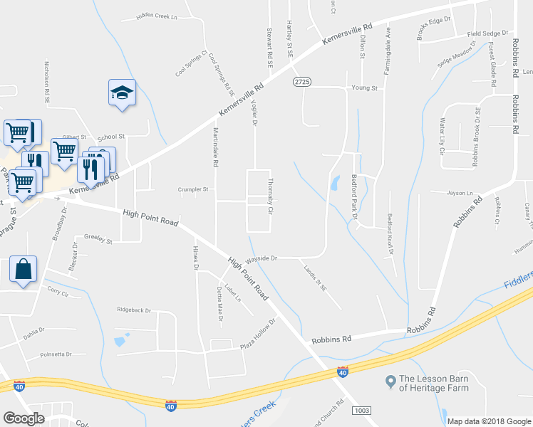 map of restaurants, bars, coffee shops, grocery stores, and more near 3735 Thornaby Circle in Winston-Salem