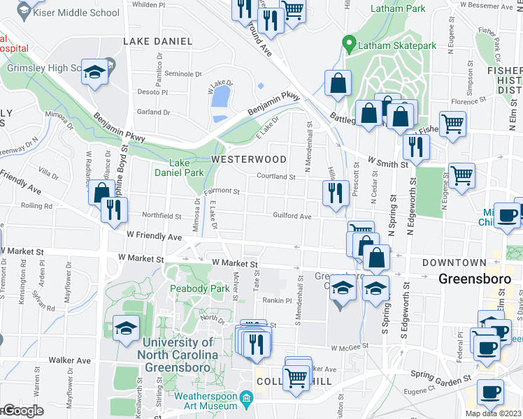 map of restaurants, bars, coffee shops, grocery stores, and more near 203 Crestland Avenue in Greensboro