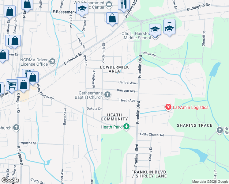 map of restaurants, bars, coffee shops, grocery stores, and more near 3711 Dawson Avenue in Greensboro
