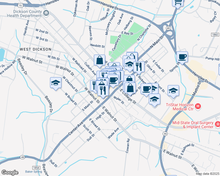 map of restaurants, bars, coffee shops, grocery stores, and more near in Dickson