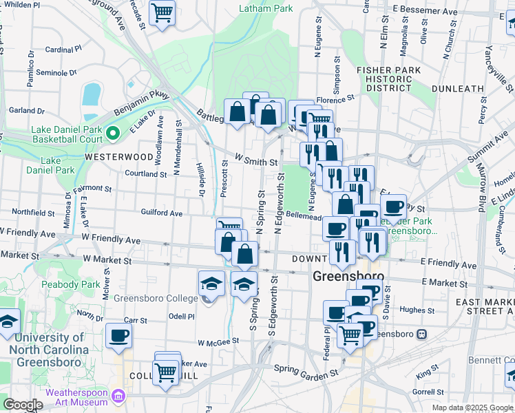 map of restaurants, bars, coffee shops, grocery stores, and more near 600 Bellemeade Street in Greensboro
