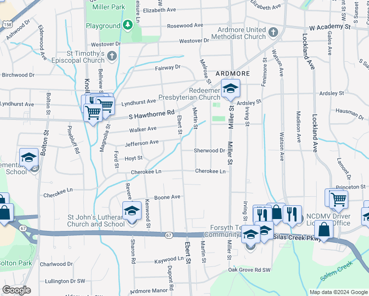 map of restaurants, bars, coffee shops, grocery stores, and more near 1143 Ebert Street in Winston-Salem