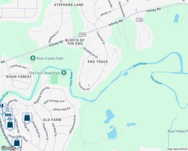 map of restaurants, bars, coffee shops, grocery stores, and more near 18 Round Spring Lane in Durham