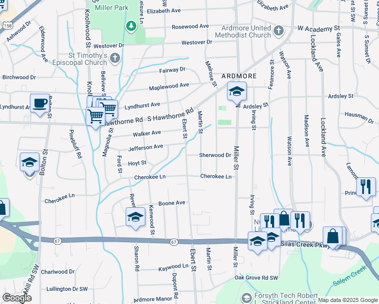map of restaurants, bars, coffee shops, grocery stores, and more near 1143 Ebert Street in Winston-Salem