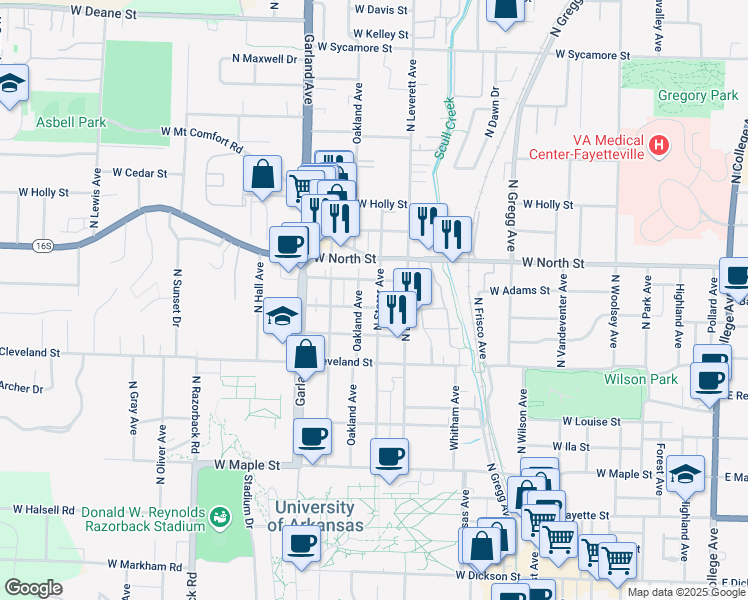 map of restaurants, bars, coffee shops, grocery stores, and more near 906 West Berry Street in Fayetteville