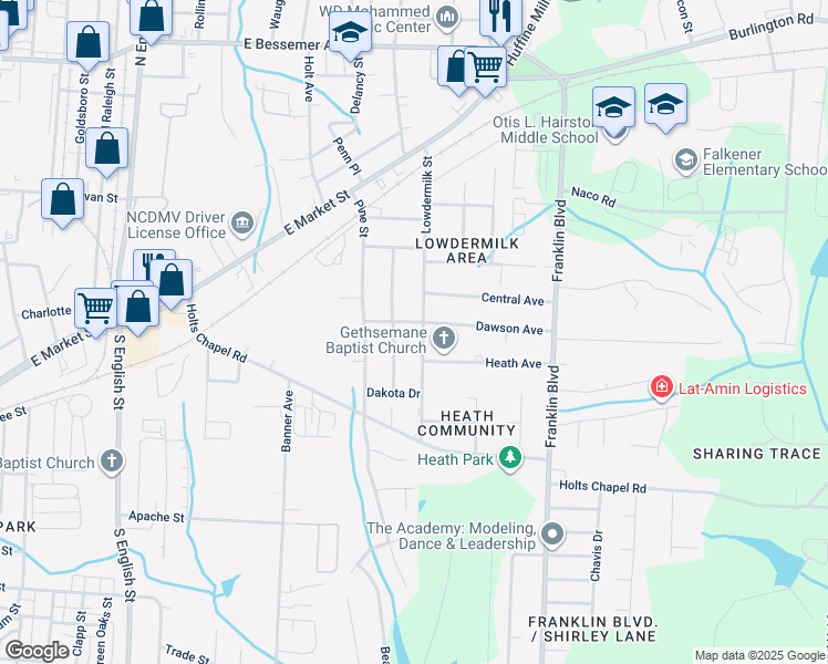 map of restaurants, bars, coffee shops, grocery stores, and more near 702 Lowdermilk Street in Greensboro