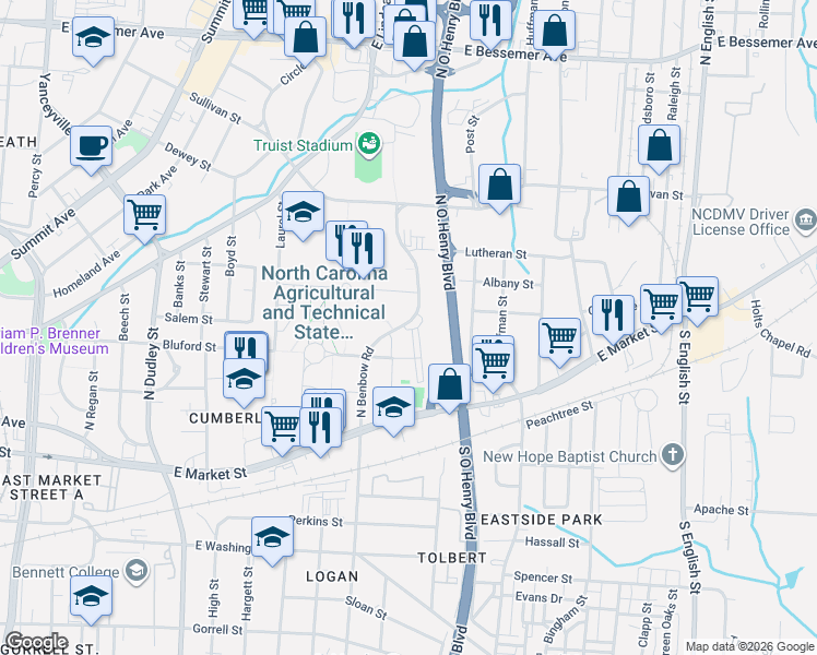 map of restaurants, bars, coffee shops, grocery stores, and more near 405 North Benbow Road in Greensboro