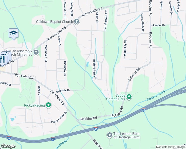 map of restaurants, bars, coffee shops, grocery stores, and more near 448 Bedford Park Drive in Winston-Salem