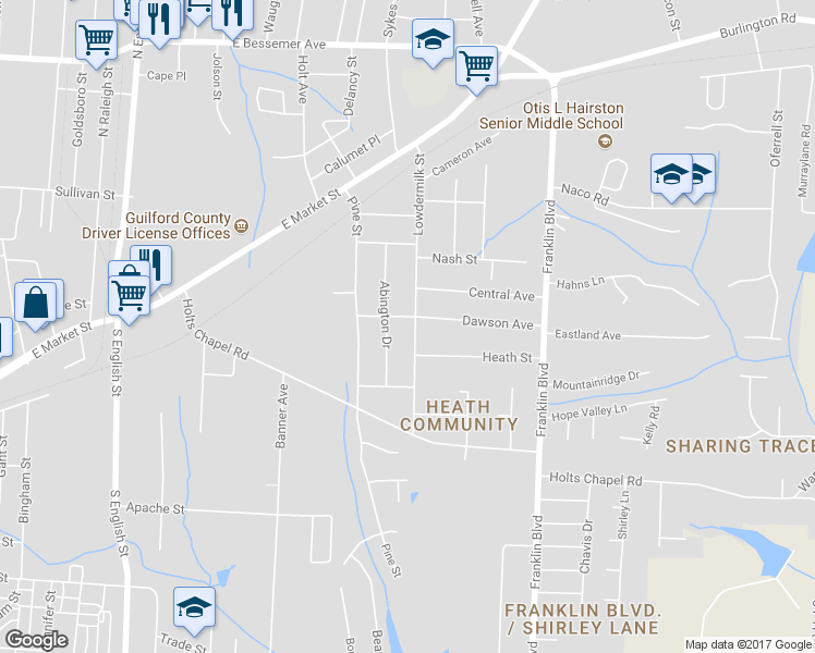 map of restaurants, bars, coffee shops, grocery stores, and more near 702 Lowdermilk Street in Greensboro