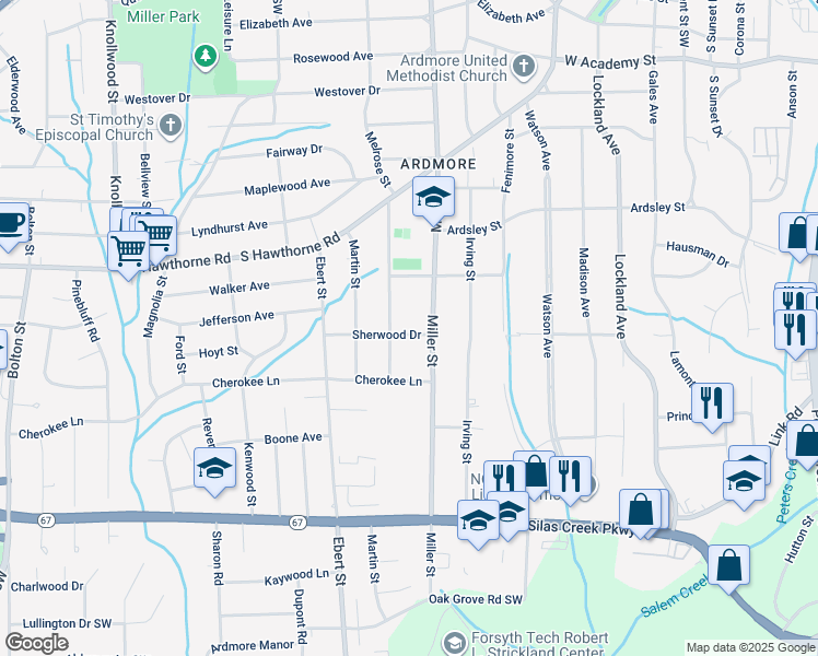 map of restaurants, bars, coffee shops, grocery stores, and more near 2210 Sherwood Drive in Winston-Salem