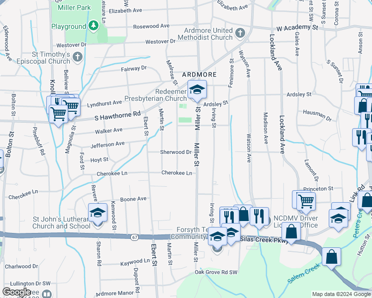 map of restaurants, bars, coffee shops, grocery stores, and more near 2210 Sherwood Drive in Winston-Salem